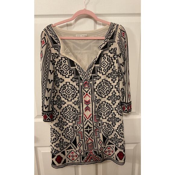 Alice & Olivia Lowell Embroidered Aztec Popover Bohemian Chiffon Tunic, sz S - Picture 3 of 11